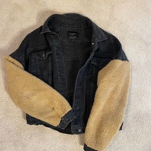 Vintage Zara cropped black denim jacket with teddy sleeves